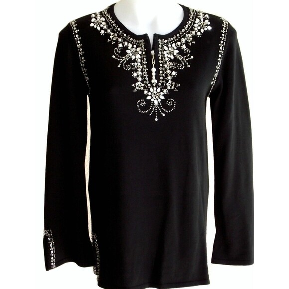 Quacker Factory Black Cotton Blend Tunic Sweater-Sequined Beaded Pearls  XL - Picture 1 of 6